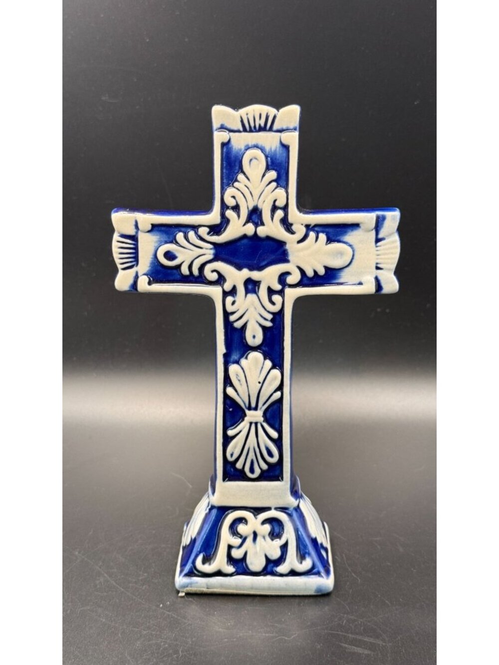 Blue White Ceramic Cross | Decorative Religious Shelf Decor